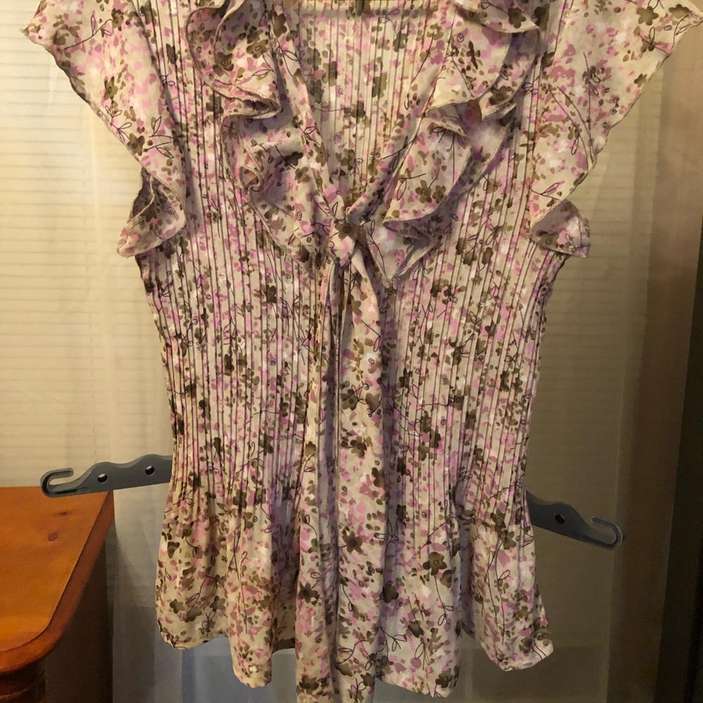 Olive colored flower print blouse size large.